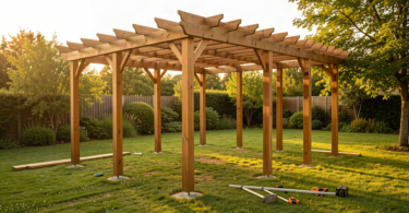 Construction d'une pergola en bois dans un jardin, avec poteaux et poutres partiellement assemblés, outils de bricolage à proximité, lumière dorée d'après-midi
