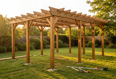 Construction d'une pergola en bois dans un jardin, avec poteaux et poutres partiellement assemblés, outils de bricolage à proximité, lumière dorée d'après-midi