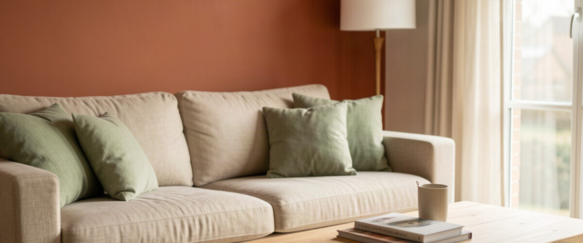Salon lumineux avec mur terracotta, canape beige et coussins vert sauge, nouvelle tendance deco 2026