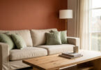 Salon lumineux avec mur terracotta, canape beige et coussins vert sauge, nouvelle tendance deco 2026