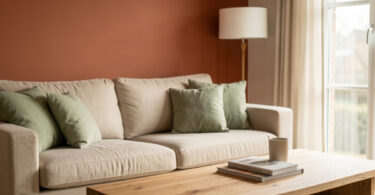 Salon lumineux avec mur terracotta, canape beige et coussins vert sauge, nouvelle tendance deco 2026