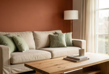 Salon lumineux avec mur terracotta, canape beige et coussins vert sauge, nouvelle tendance deco 2026