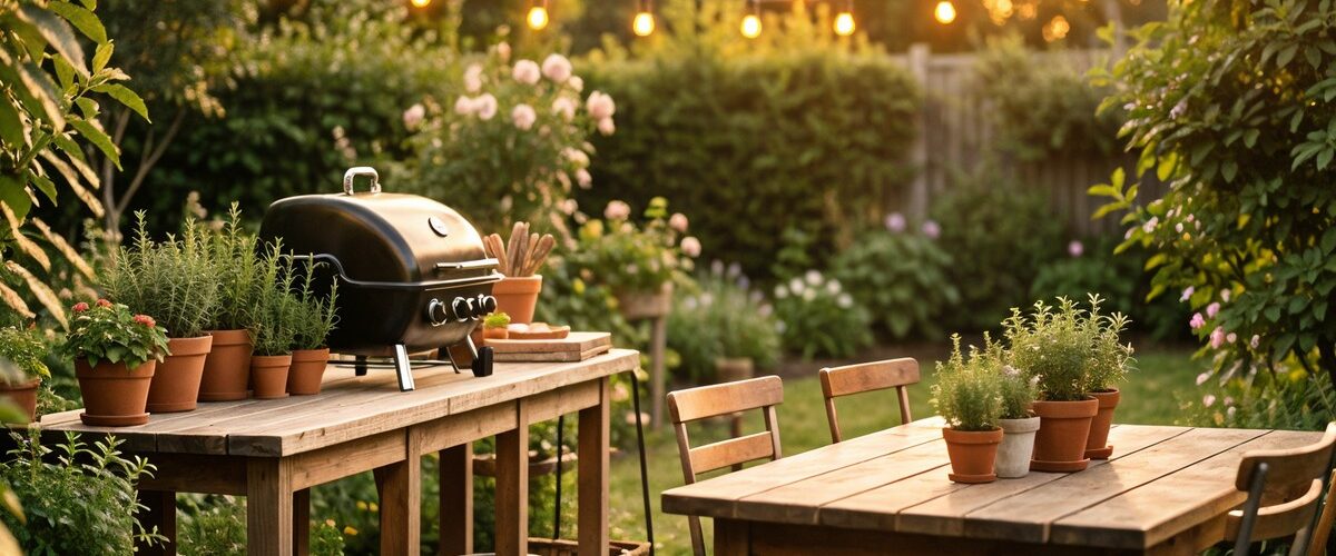 Cuisine d'été extérieure avec plan de travail en bois, barbecue mobile et guirlandes lumineuses dans un jardin au soleil couchant