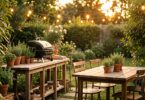 Cuisine d'été extérieure avec plan de travail en bois, barbecue mobile et guirlandes lumineuses dans un jardin au soleil couchant