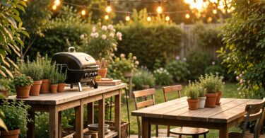 Cuisine d'été extérieure avec plan de travail en bois, barbecue mobile et guirlandes lumineuses dans un jardin au soleil couchant