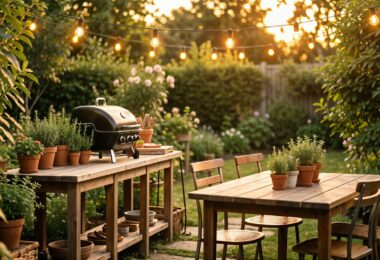 Cuisine d'été extérieure avec plan de travail en bois, barbecue mobile et guirlandes lumineuses dans un jardin au soleil couchant