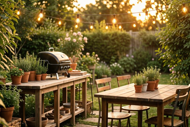 Cuisine d'été extérieure avec plan de travail en bois, barbecue mobile et guirlandes lumineuses dans un jardin au soleil couchant
