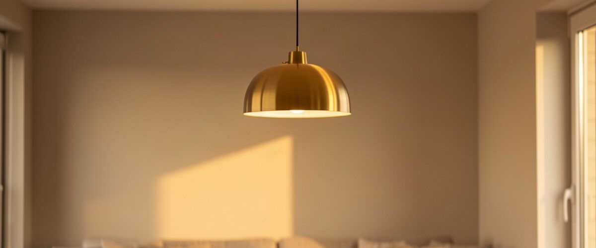 Suspension design en laiton dans un salon moderne aux murs neutres, lumière chaleureuse de fin d après-midi