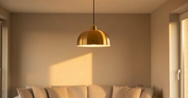Suspension design en laiton dans un salon moderne aux murs neutres, lumière chaleureuse de fin d après-midi