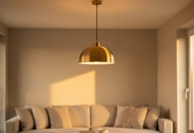 Suspension design en laiton dans un salon moderne aux murs neutres, lumière chaleureuse de fin d après-midi
