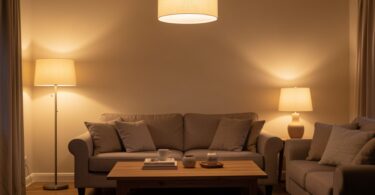 Salon chaleureux éclairé par plusieurs sources de lumière chaude en soirée