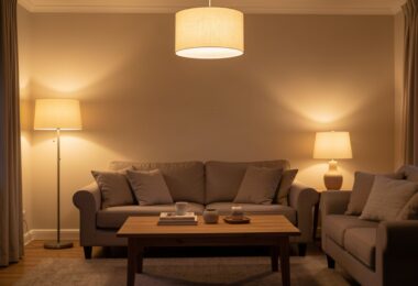 Salon chaleureux éclairé par plusieurs sources de lumière chaude en soirée
