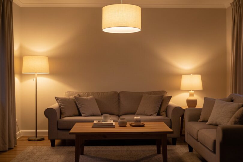 Salon chaleureux éclairé par plusieurs sources de lumière chaude en soirée