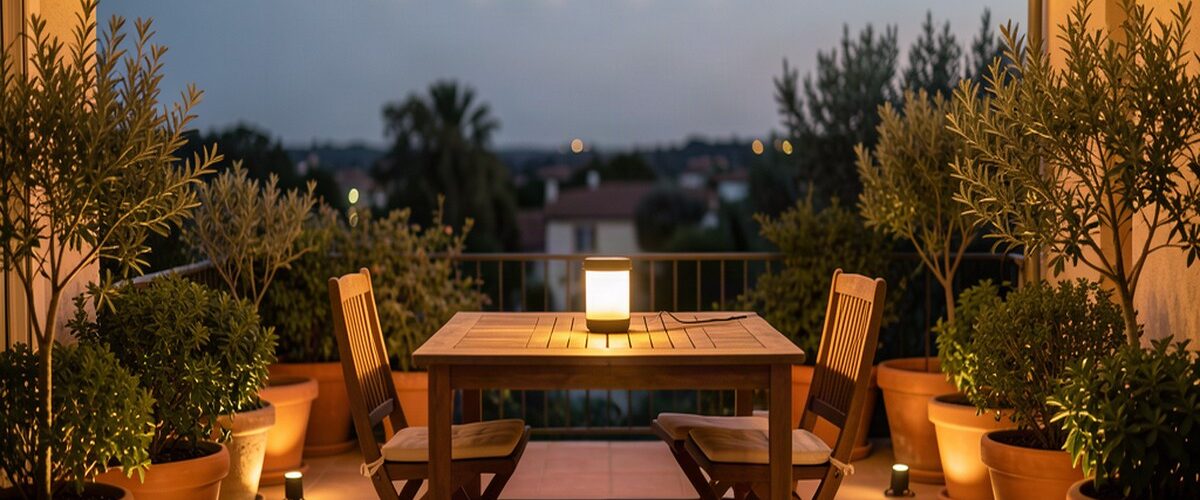 Terrasse illuminée le soir avec guirlandes LED, spots solaires au pied des plantes et lampe nomade sur la table