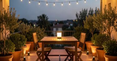 Terrasse illuminée le soir avec guirlandes LED, spots solaires au pied des plantes et lampe nomade sur la table
