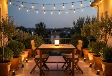 Terrasse illuminée le soir avec guirlandes LED, spots solaires au pied des plantes et lampe nomade sur la table