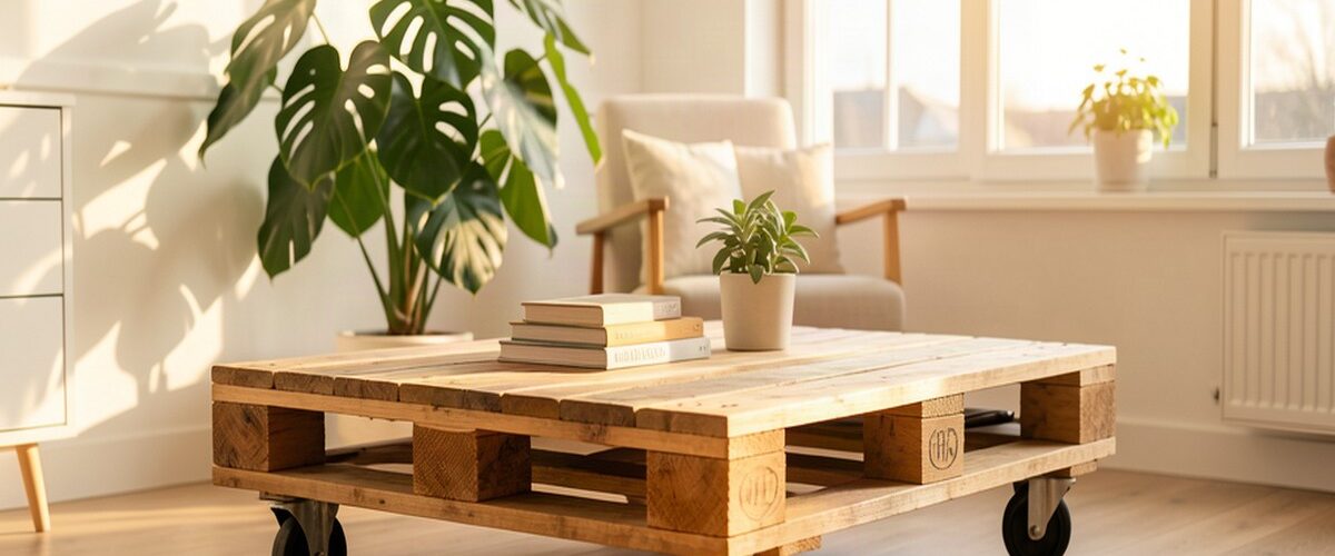 Table basse en bois de palette avec roulettes dans un salon scandinave lumineux
