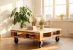 Table basse en bois de palette avec roulettes dans un salon scandinave lumineux