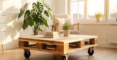 Table basse en bois de palette avec roulettes dans un salon scandinave lumineux