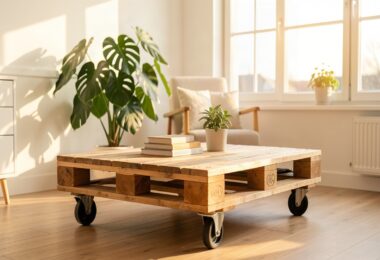 Table basse en bois de palette avec roulettes dans un salon scandinave lumineux