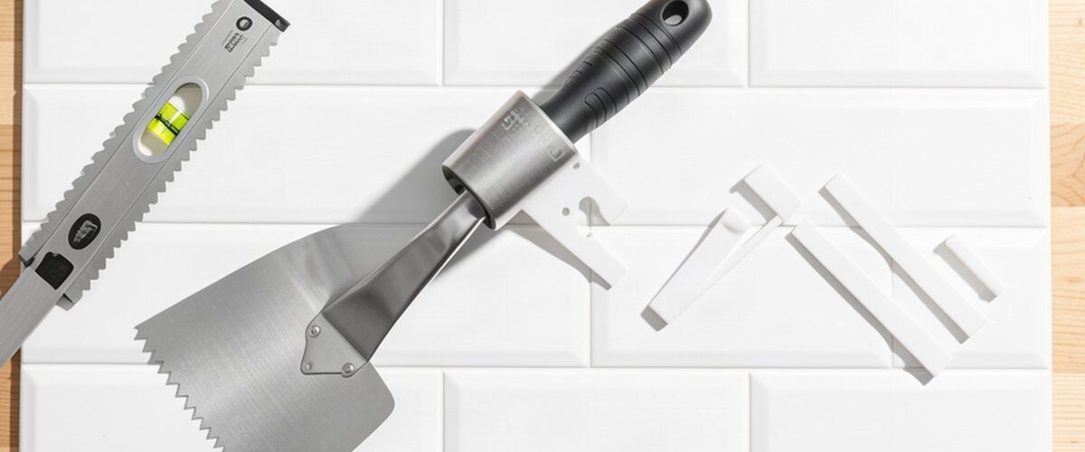 Carreaux de crédence, spatule crantée et croisillons prêts pour poser du carrelage mural soi-même