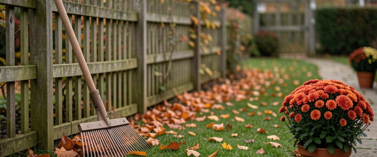 Jardin en automne avec feuilles mortes et râteau, prêt pour les travaux de saison