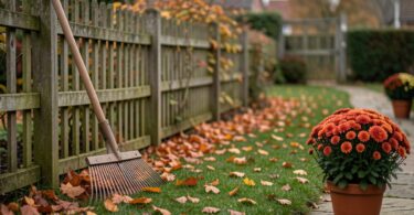 Jardin en automne avec feuilles mortes et râteau, prêt pour les travaux de saison