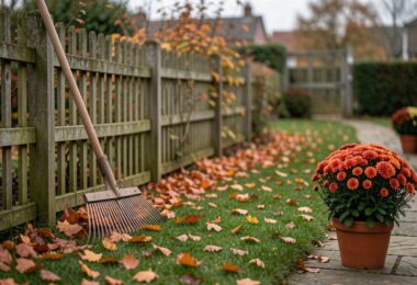 Jardin en automne avec feuilles mortes et râteau, prêt pour les travaux de saison