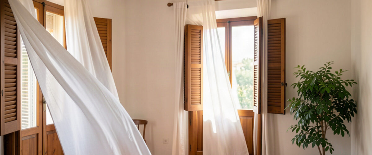 Intérieur frais et aéré avec rideaux blancs et volets en bois filtrant la lumière