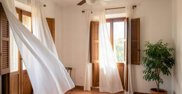 Intérieur frais et aéré avec rideaux blancs et volets en bois filtrant la lumière