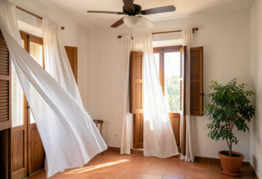 Intérieur frais et aéré avec rideaux blancs et volets en bois filtrant la lumière