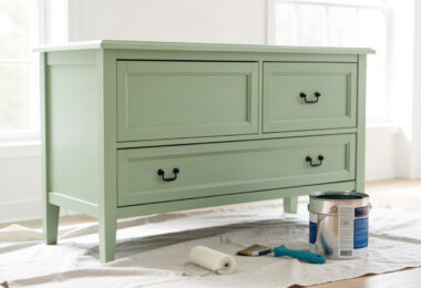 Meuble en bois en cours de peinture avec pinceau, rouleau et pot de peinture