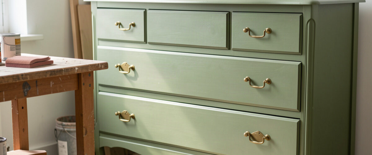 Commode vintage relookée en peinture vert sauge dans un atelier créatif lumineux, illustrant la tendance du surcyclage de meubles