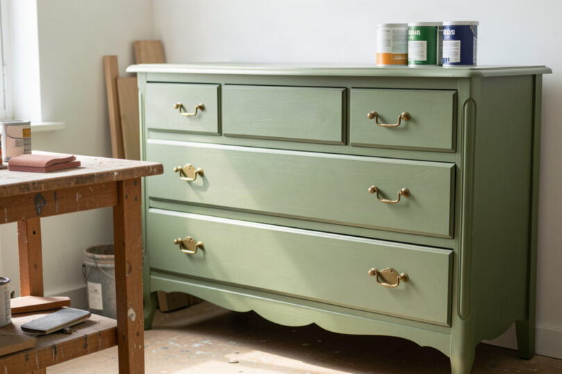 Commode vintage relookée en peinture vert sauge dans un atelier créatif lumineux, illustrant la tendance du surcyclage de meubles
