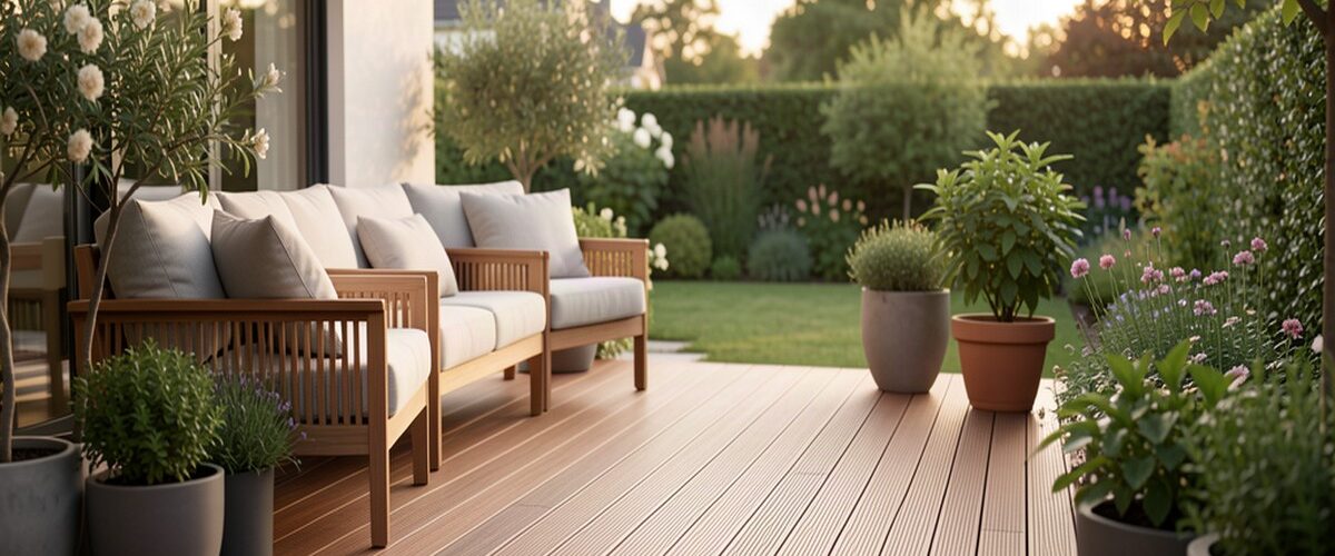 Terrasse moderne en bois composite avec salon de jardin, plantes et vue sur le jardin