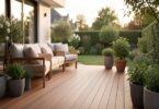 Terrasse moderne en bois composite avec salon de jardin, plantes et vue sur le jardin