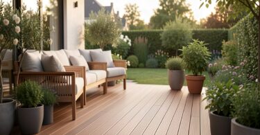 Terrasse moderne en bois composite avec salon de jardin, plantes et vue sur le jardin