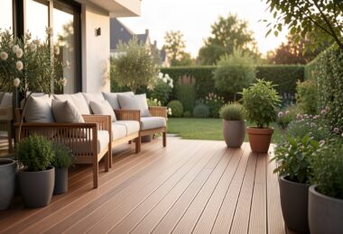 Terrasse moderne en bois composite avec salon de jardin, plantes et vue sur le jardin